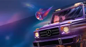 Image featuring a sleek purple Mercedes SUV speeding through space, representing the Mercedes bonus offered by Kometa Casino with a cosmic theme.