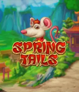 A charming illustration of a mouse dressed in traditional Chinese attire standing in a vibrant mountain backdrop. The image is for the Spring Tails Slot by Betsoft, highlighted with striking gold and red logo lettering.