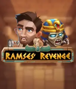 Dive into the mysterious world of the Ramses' Revenge game by Relax Gaming, featuring a frightened explorer and a terrifying mummy amid an Egyptian tomb backdrop. This graphic depicts the drama of ancient Egyptian myths, ideal for fans of Egyptian-themed slots, providing a captivating gaming experience. 